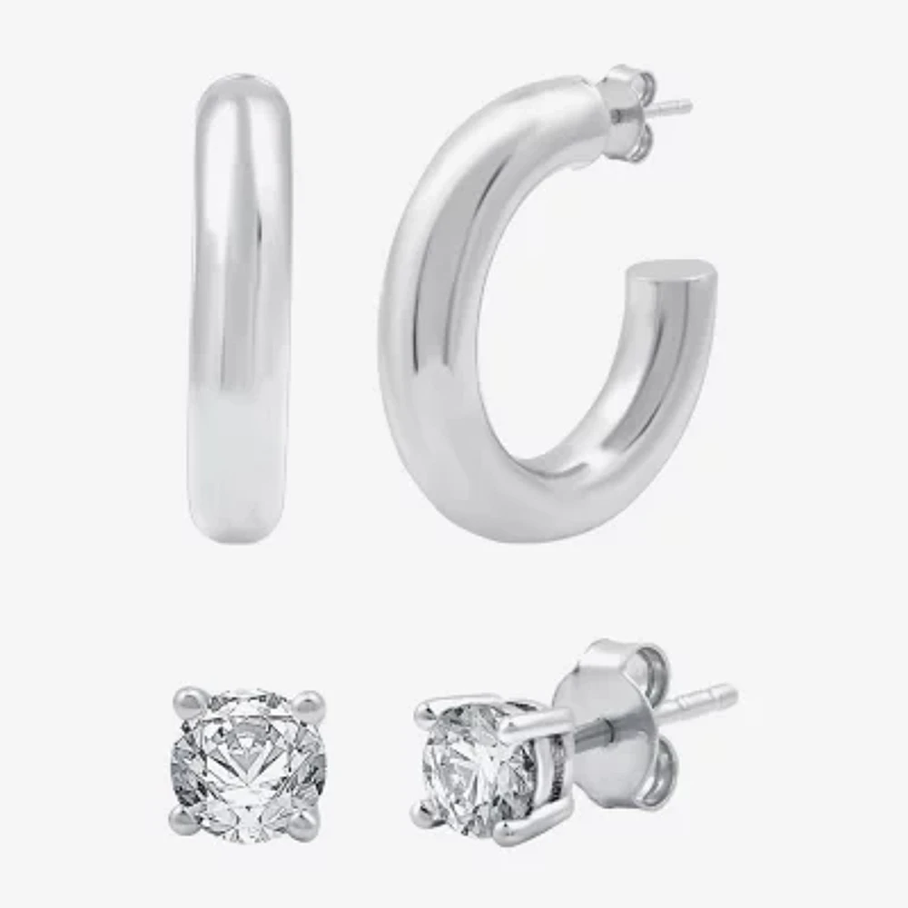 Yes, Please! Womens Lab Created White Sapphire Sterling Silver Round 2 Pair Earring Set