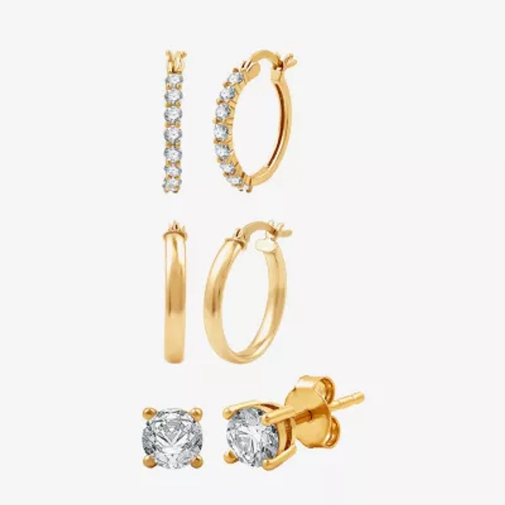 Yes, Please! Womens Lab Created White Sapphire 14K Gold Over Silver Round 3 Pair Earring Set