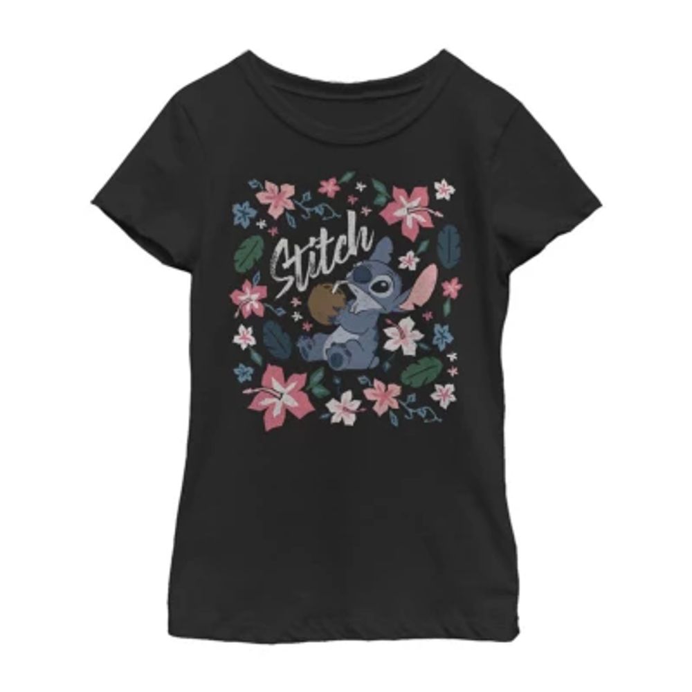 Little & Big Kid Girls Crew Neck Short Sleeve Slim Fit Lilo Stitch Graphic T-Shirt