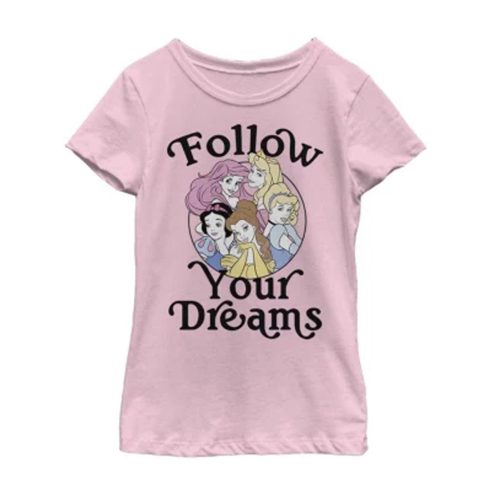 Follow Your Dreams Little & Big Kid Girls Crew Neck Short Sleeve Slim Fit Princess Graphic T-Shirt