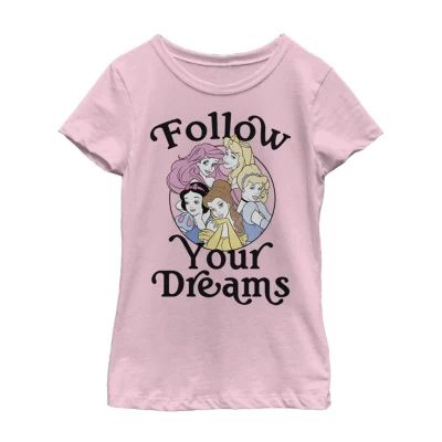 Follow Your Dreams Little & Big Kid Girls Crew Neck Short Sleeve Slim Fit Princess Graphic T-Shirt