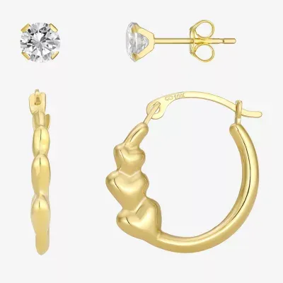 Womens Cubic Zirconia 10K Gold Round 2 Pair Earring Set