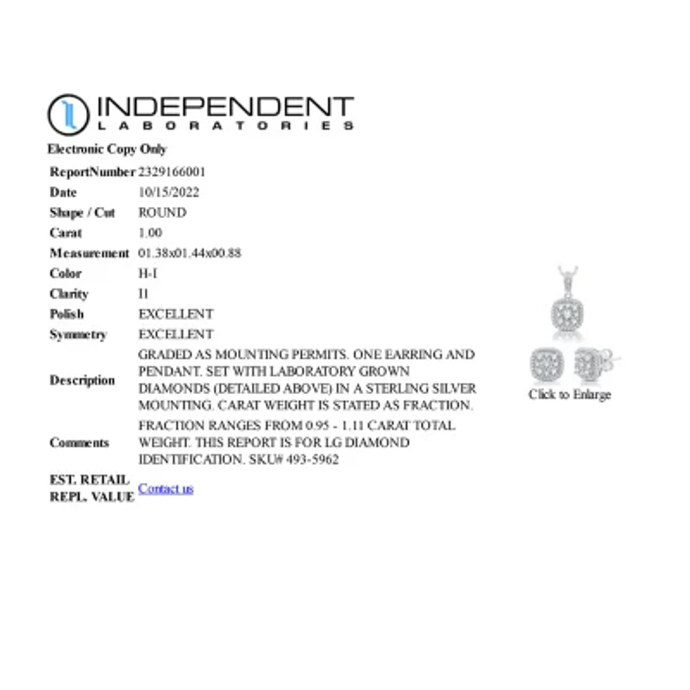 Diamond Blossom (H-I / I1) Womens 1 CT. T.W. Lab Grown White Diamond Sterling Silver Cushion 2-pc. Jewelry Set