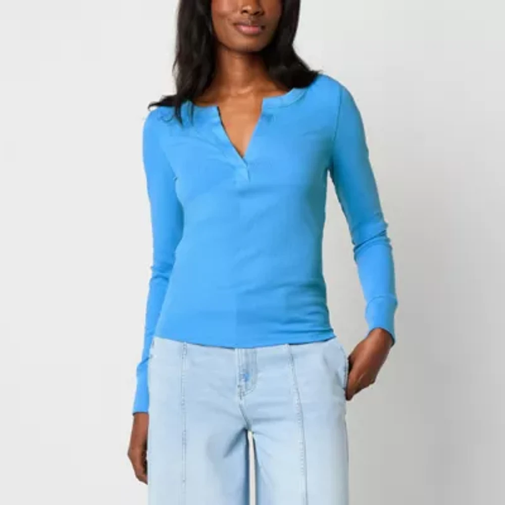 a.n.a Womens Long Sleeve Ribbed Henley Shirt