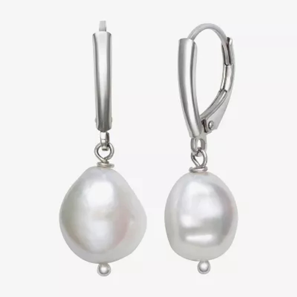 Womens Genuine White Cultured Freshwater Pearl Sterling Silver Drop Earrings