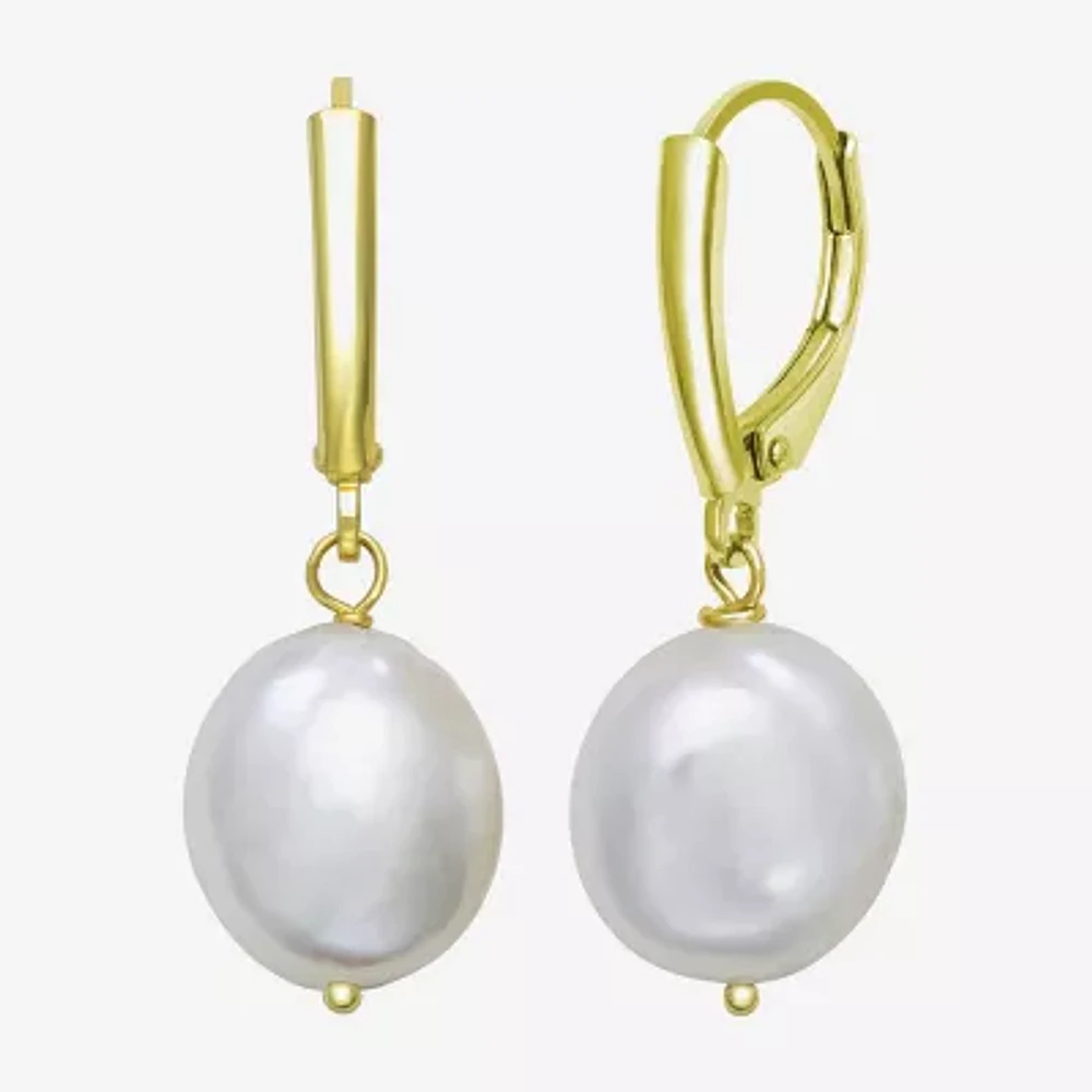 Womens Genuine White Cultured Freshwater Pearl 14K Gold Over Silver Drop Earrings