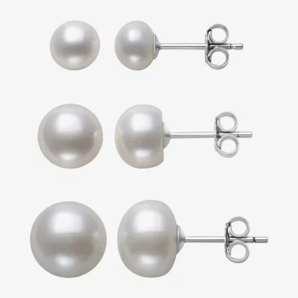 Womens Genuine White Cultured Freshwater Pearl Sterling Silver Earring Set