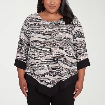 Alfred Dunner Romancing The Stone Womens Crew Neck 3/4 Sleeve Plus T-Shirt
