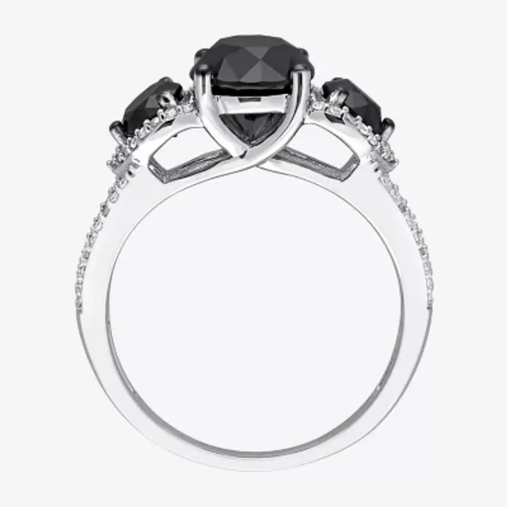 Midnight Black Womens 3 CT. T.W. Natural Black Diamond 10K White Gold Round Side Stone 3-Stone Engagement Ring