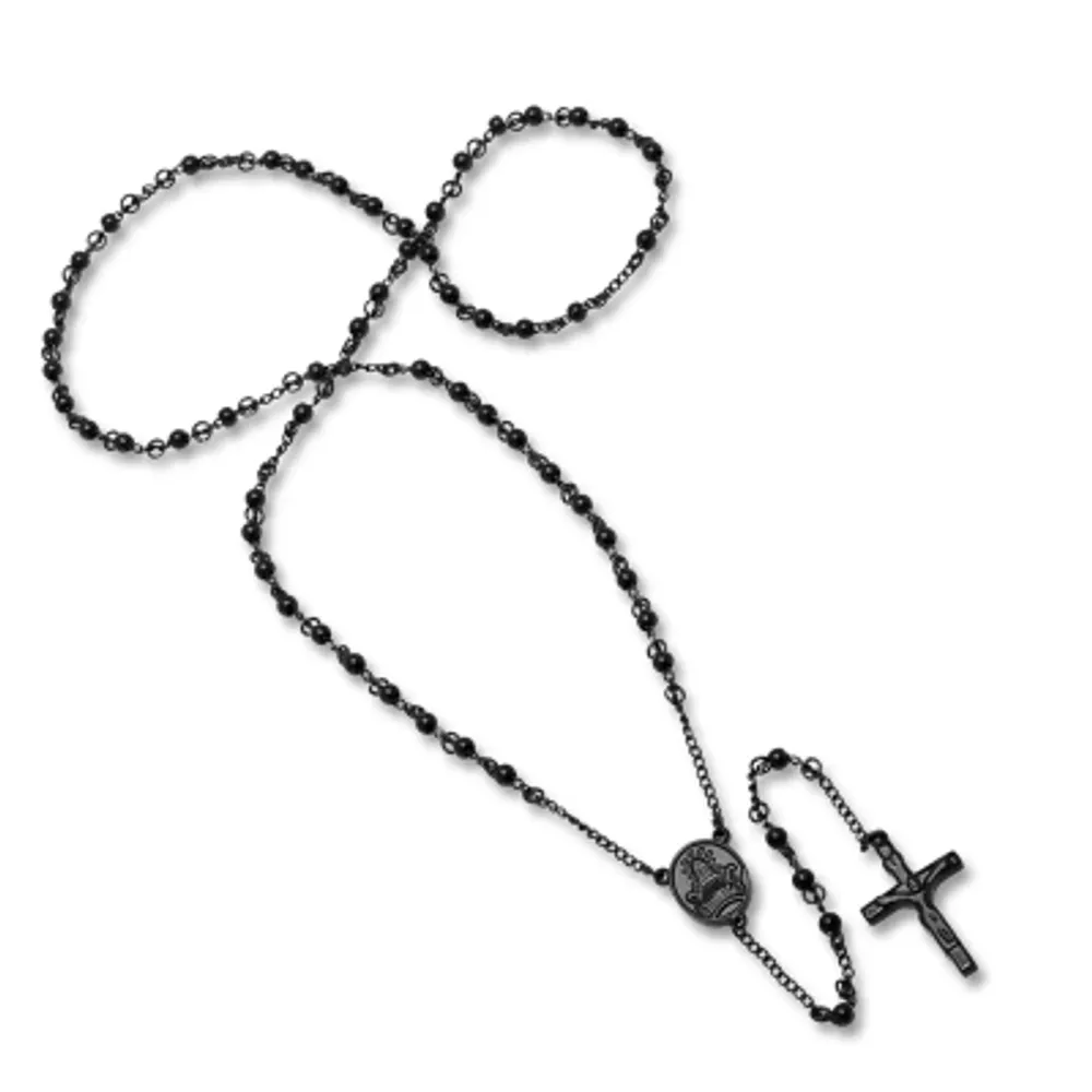 Steeltime Black Ion Plated Mens Stainless Steel Hypoallergenic 26 Inch Rosary Necklace