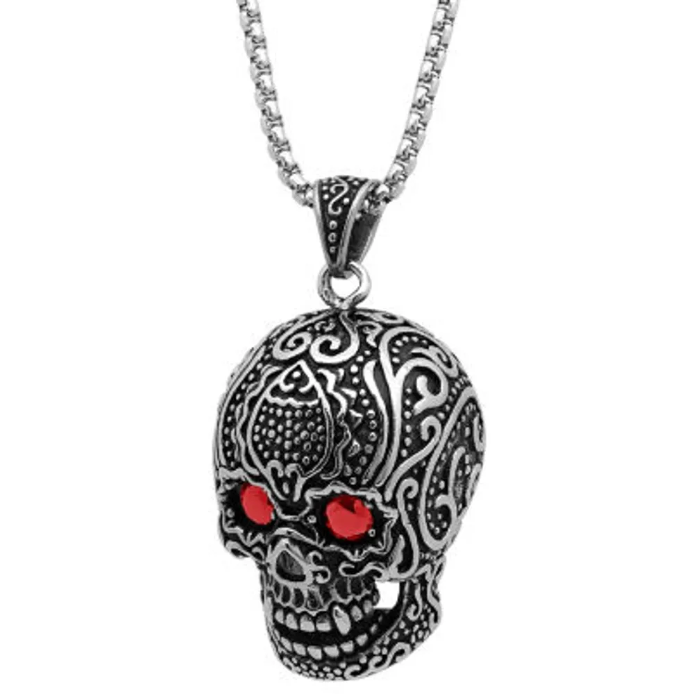 Steeltime Mens Black Cubic Zirconia Stainless Steel Skull Hypoallergenic 36 Inch Pendant Necklace