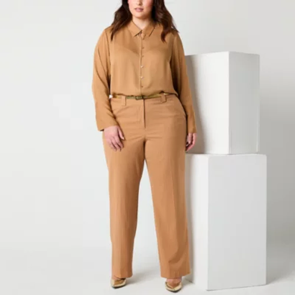 Worthington Womens Long Sleeve Cuffed Sleeve Fitted Plus Button-Down Shirt