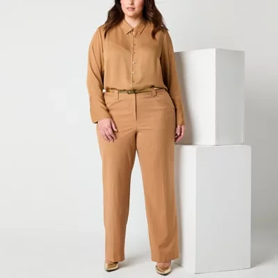 Worthington Womens Long Sleeve Cuffed Sleeve Fitted Plus Button-Down Shirt