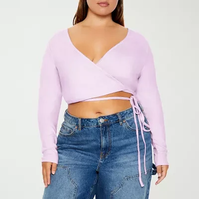 Forever 21 Womens V Neck Long Sleeve Juniors Plus Wrap Shirt