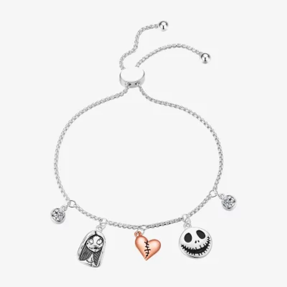 Disney Classics Sally & Jack Skellington Womens Cubic Zirconia 18K Rose Gold Over Brass Heart Nightmare Before Christmas Bolo Bracelet