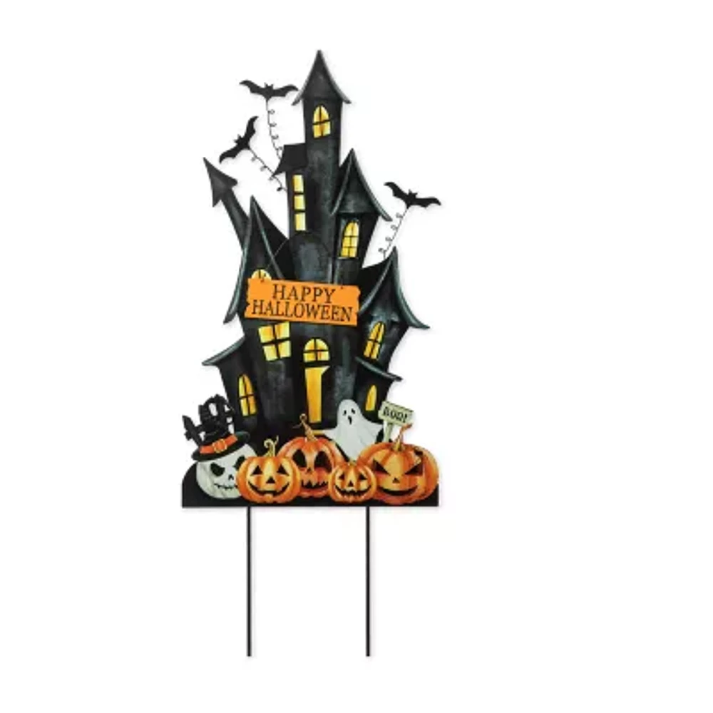 Glitzhome 32in Metal Haunted House Yard Stake Halloween Yard Art