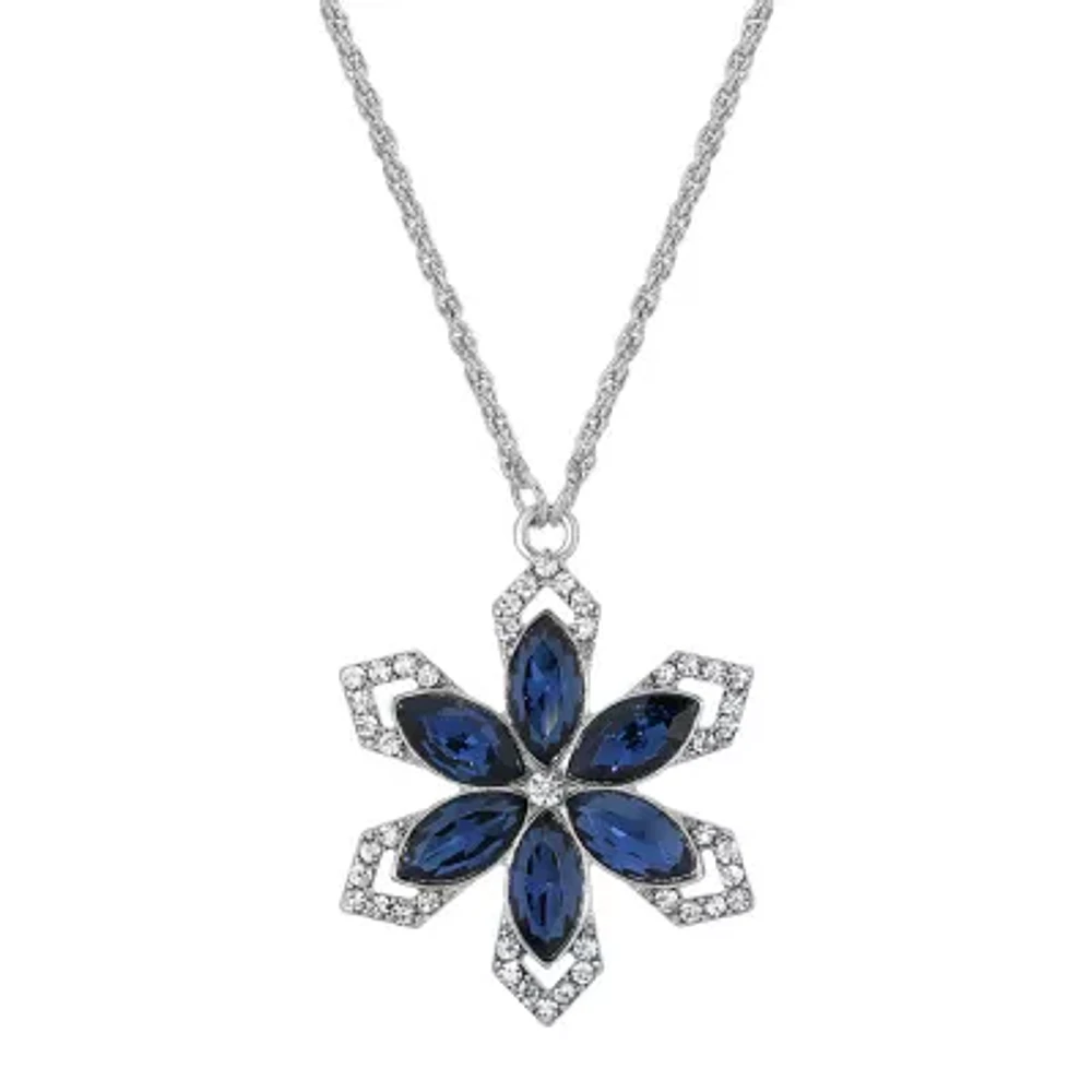 1928 Silver Tone Womens Blue Crystal Alloy Flower 16 Inch Pendant Necklace