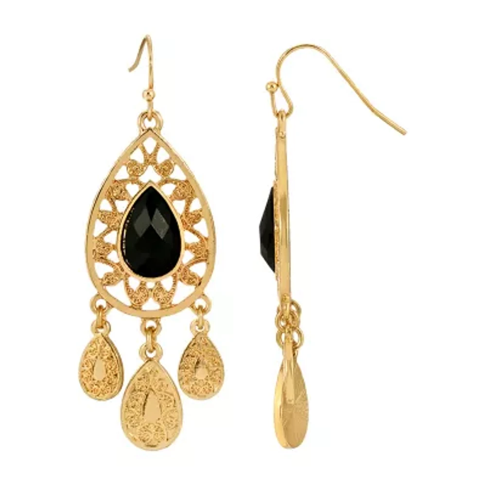 1928 Gold Tone Womens Black Chandelier Earrings