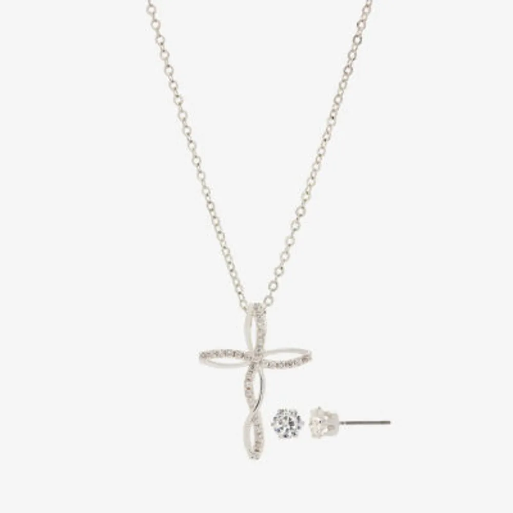Sparkle Allure Womens 1 1/4 CT. T.W. Crystal Pure Silver Over Brass Cross 2-pc. Jewelry Set