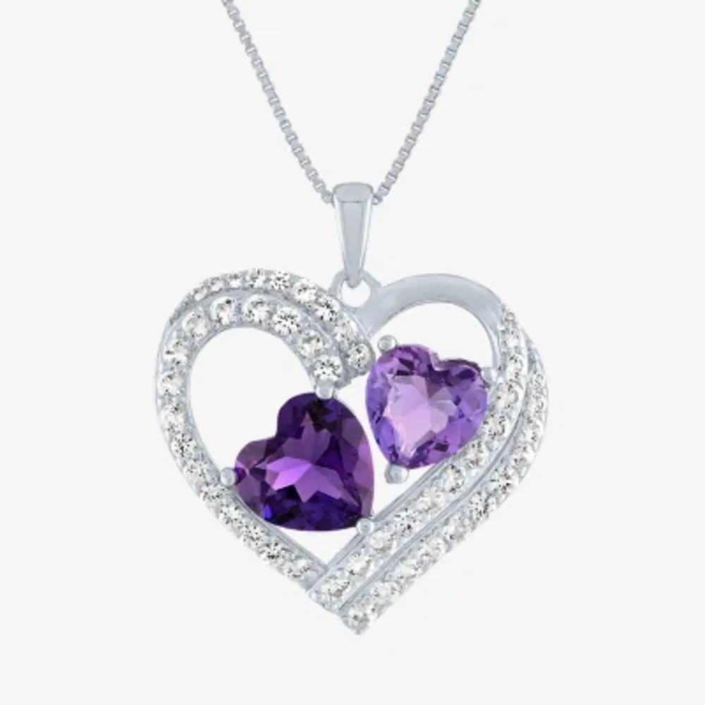 Womens Lab Created Amethyst or Ruby Sterling Silver Heart Pendant Necklace
