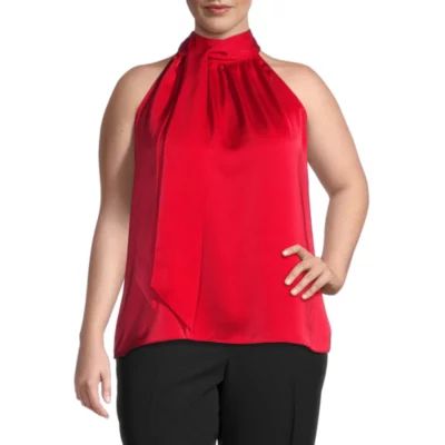 Worthington Womens Halter Neck Sleeveless Satin Plus Blouse
