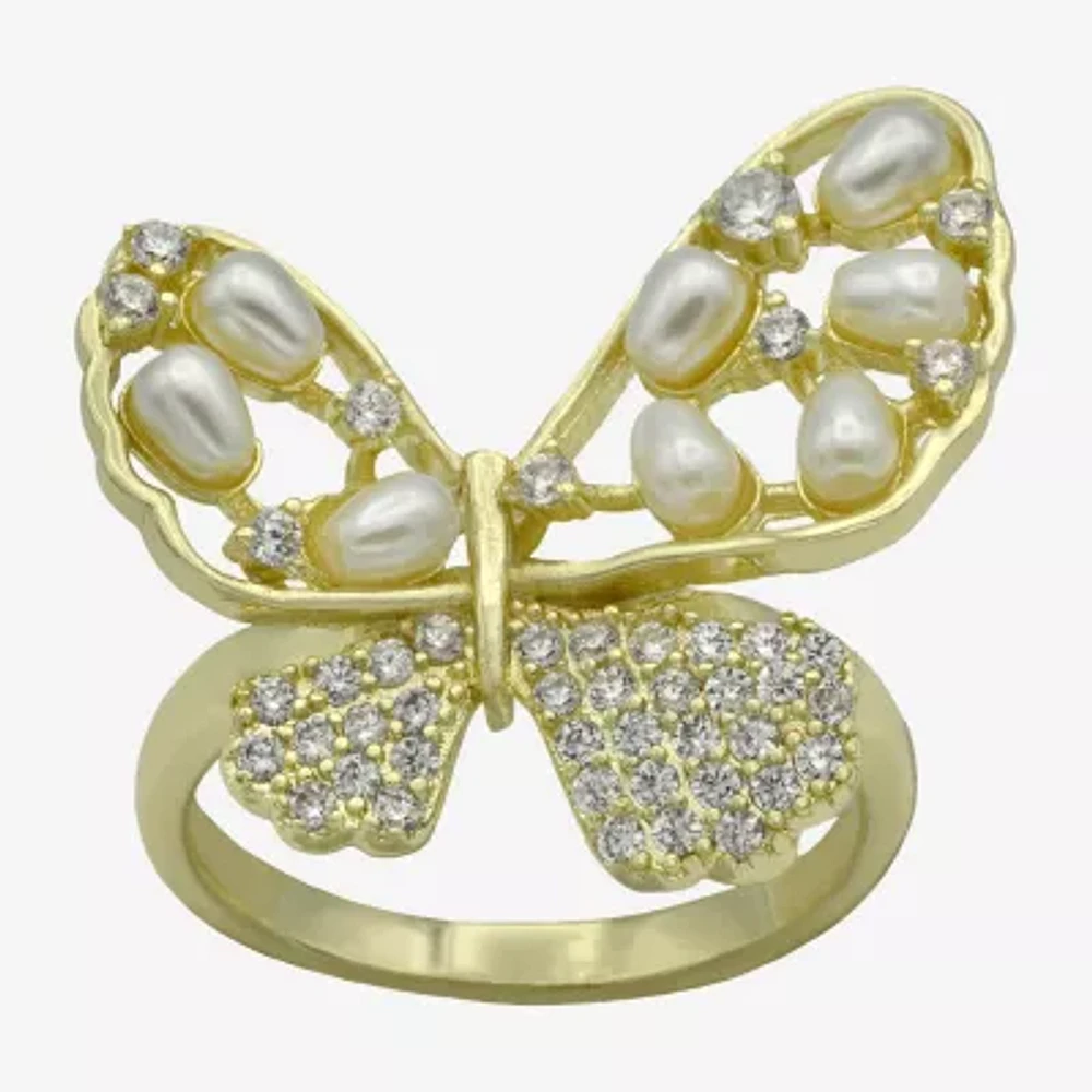 Sparkle Allure Womens Simulated Pearl Cubic Zirconia 14K Gold Over Brass Butterfly Cocktail Ring