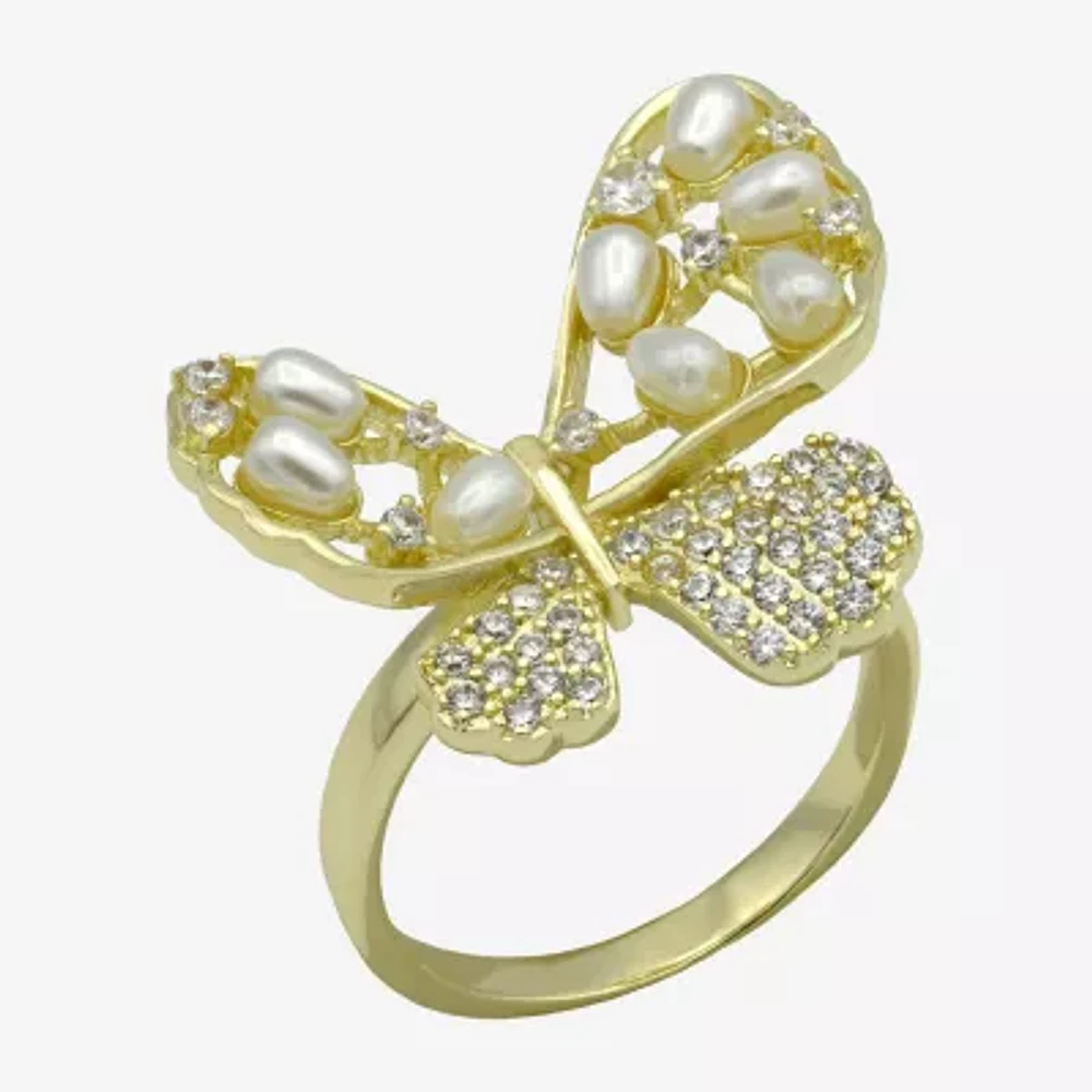 Sparkle Allure Womens Simulated Pearl Cubic Zirconia 14K Gold Over Brass Butterfly Cocktail Ring