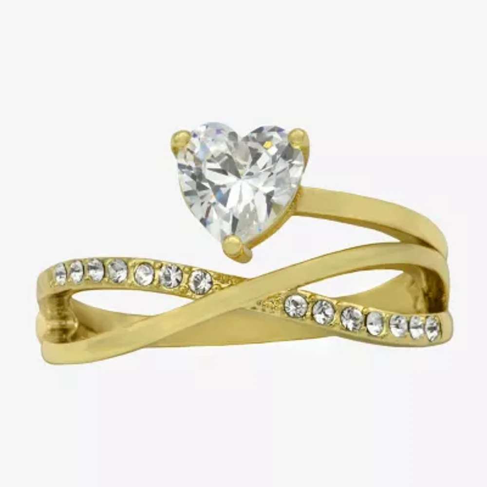Sparkle Allure Womens 2MM Crystal 14K Gold Over Brass Heart Crossover Band
