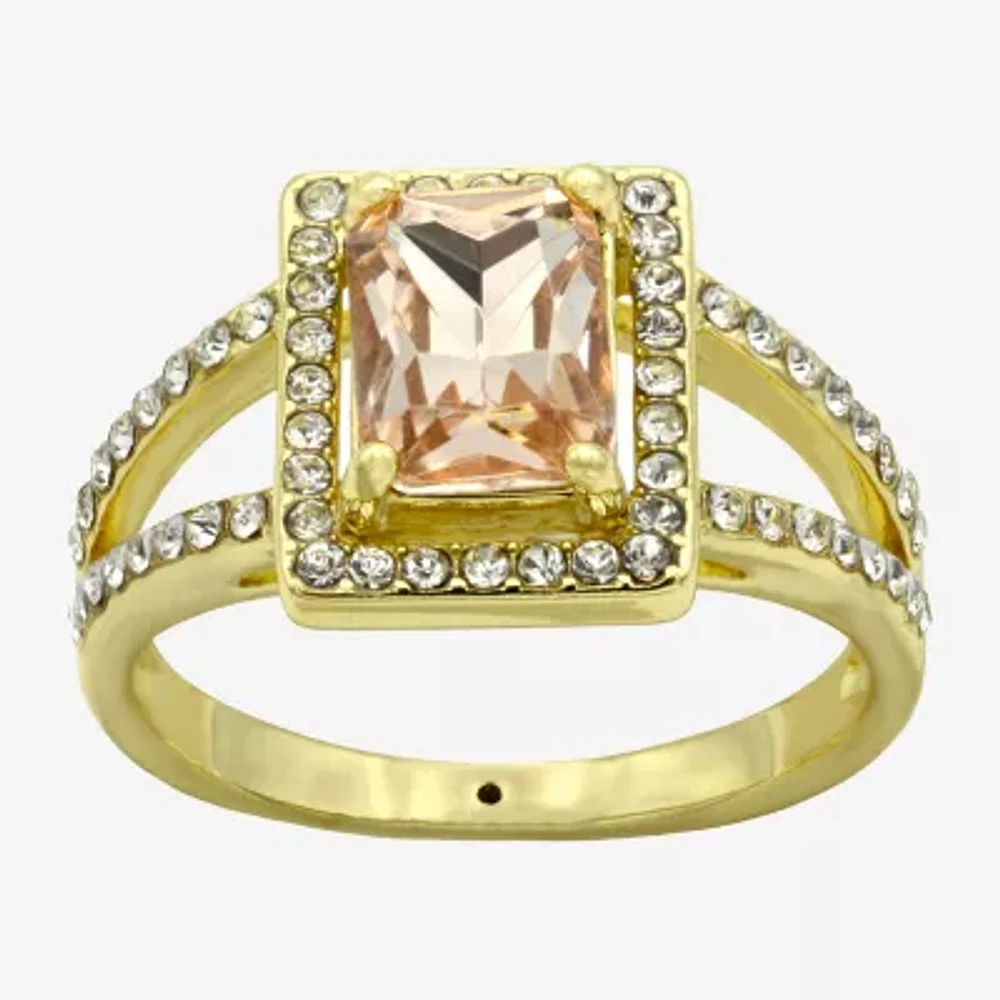 Sparkle Allure Split Shank Womens Champagne Crystal 14K Gold Over Brass Halo Cocktail Ring