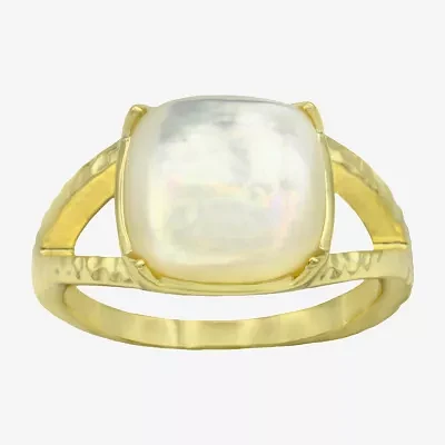 Sparkle Allure Split Shank Womens White Mother Of Pearl 14K Gold Over Brass Cushion Cocktail Ring
