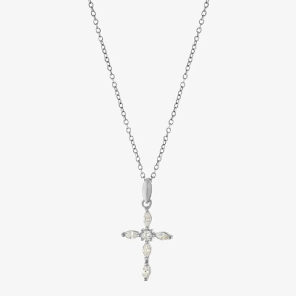 Silver Treasures Womens Cubic Zirconia Sterling Silver Cross 18 Inch Pendant Necklace