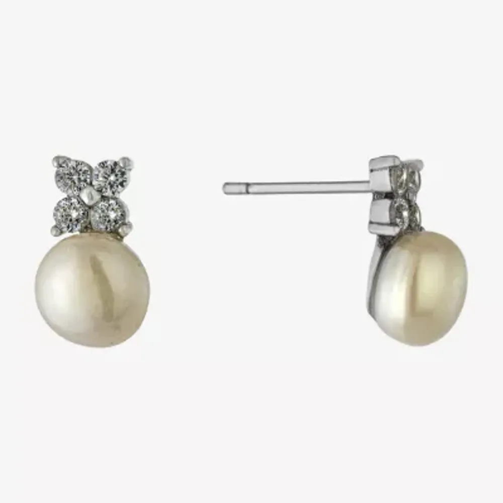 Silver Treasures White Simulated Pearl Sterling Silver 10.7mm Flower Stud Earrings