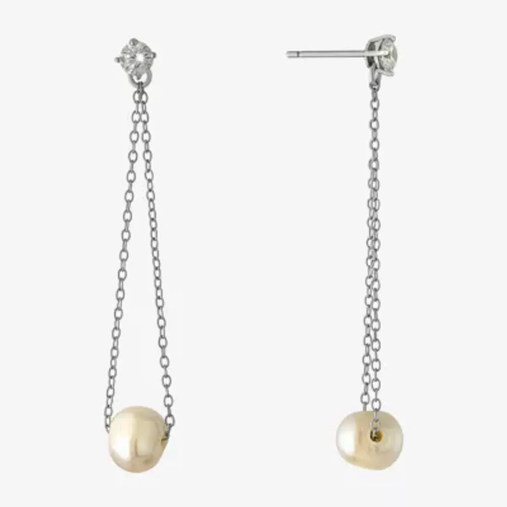 Silver Treasures Womens White Simulated Pearl Sterling Silver Drop Earrings