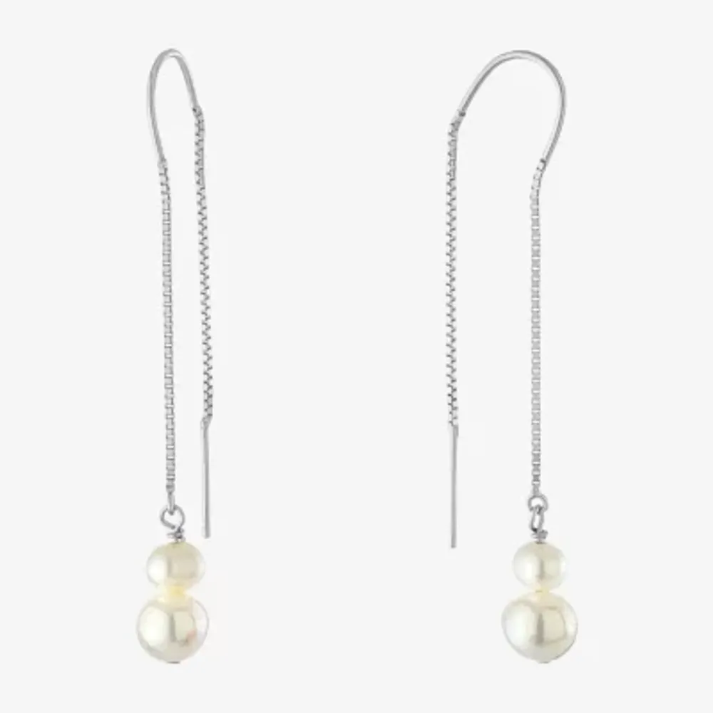Silver Treasures Womens White Simulated Pearl Sterling Silver Moon Drop Earrings