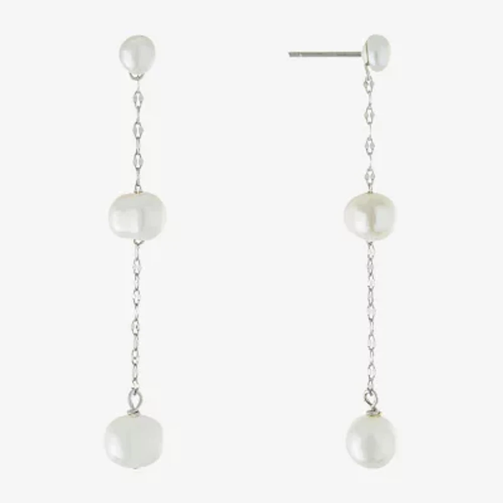 Silver Treasures Womens White Simulated Pearl Sterling Silver Drop Earrings