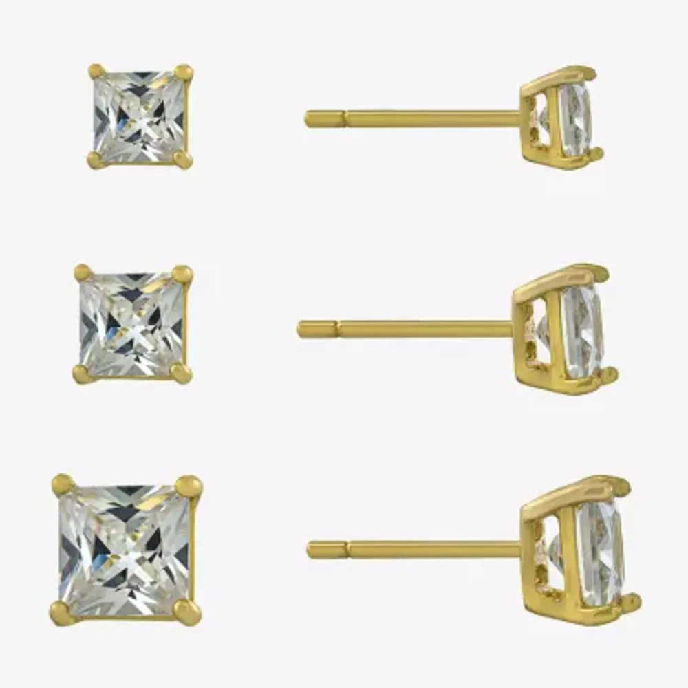 Silver Treasures Womens Cubic Zirconia 14K Gold Over Silver Square 3 Pair Earring Set