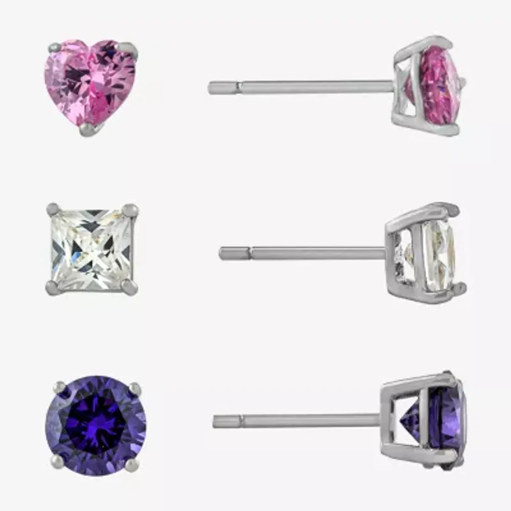 Silver Treasures Womens Cubic Zirconia Sterling Silver Heart 3 Pair Earring Set