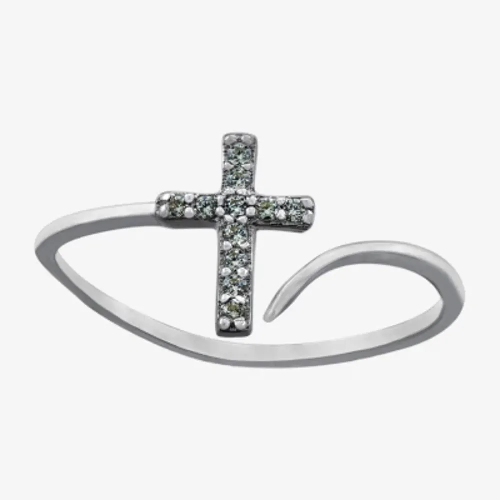 Silver Treasures Womens Cubic Zirconia Sterling Cross Bypass Band