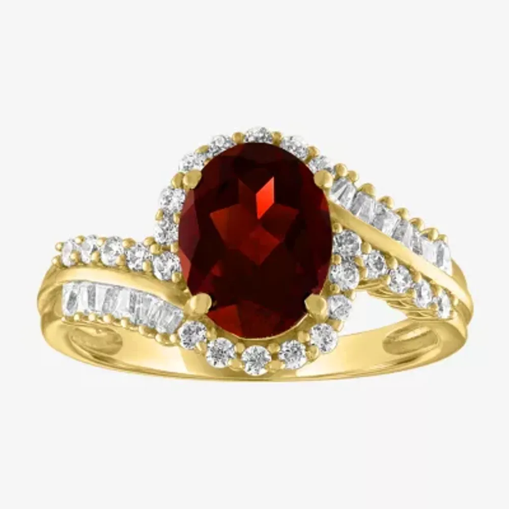 Womens Genuine Red Garnet 14K Gold Over Silver Oval Bypass Cocktail Ring