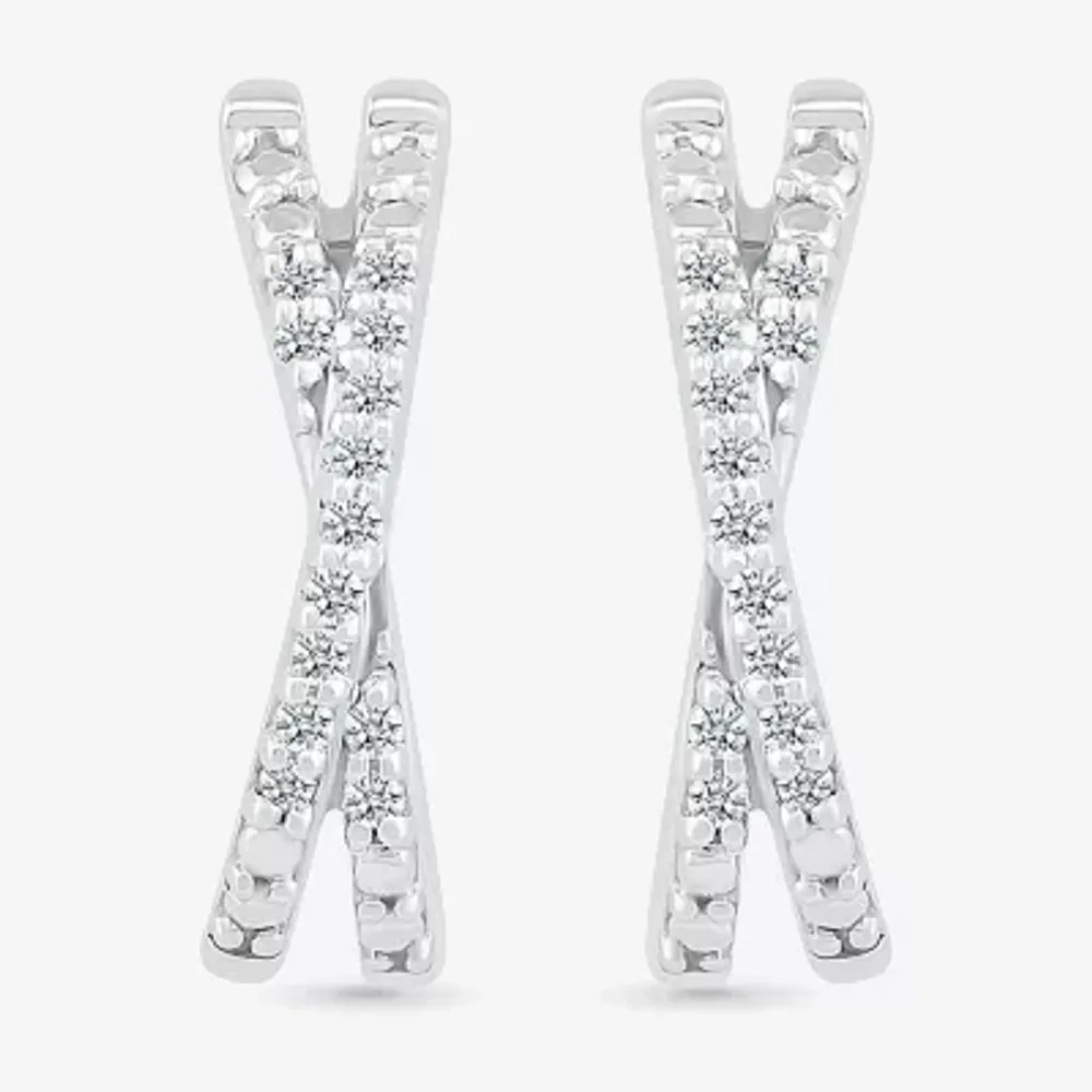 Crossover C-Hoop Womens 1/10 CT. T.W. Natural White Diamond Sterling Silver 14mm Hoop Earrings