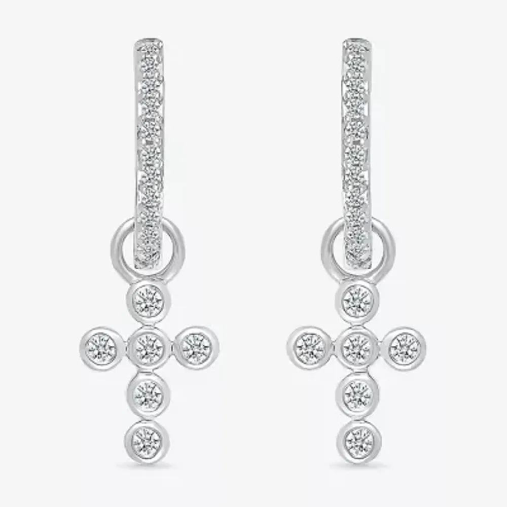 Womens 1/5 CT. Natural White Diamond Sterling Silver 28mm Cross Hoop Earrings