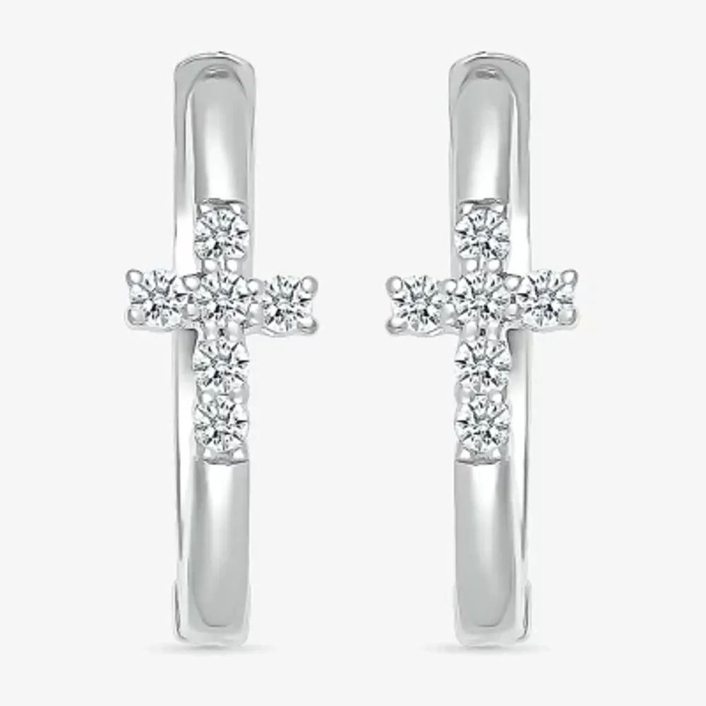 Womens 1/8 CT. T.W. Natural White Diamond Sterling Silver 15.8mm Cross Hoop Earrings