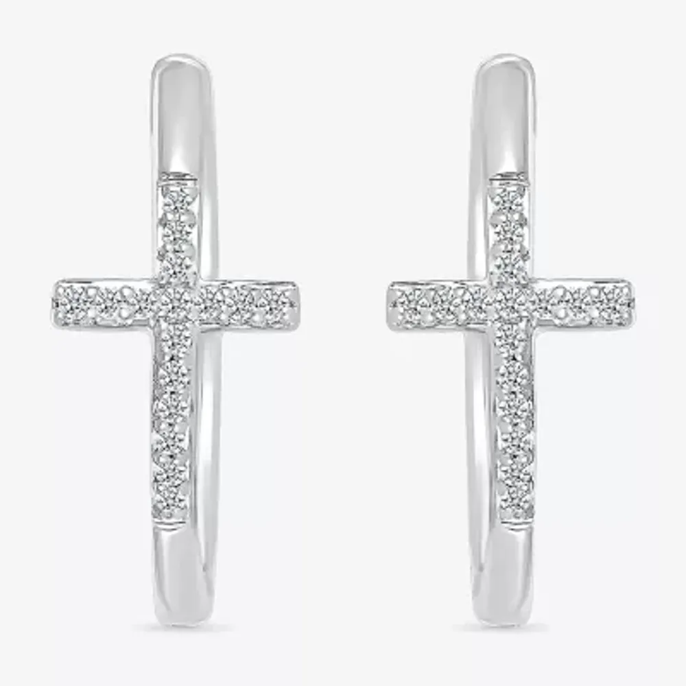 Womens 1/6 CT. T.W. Natural White Diamond Sterling Silver 20.3mm Cross Hoop Earrings