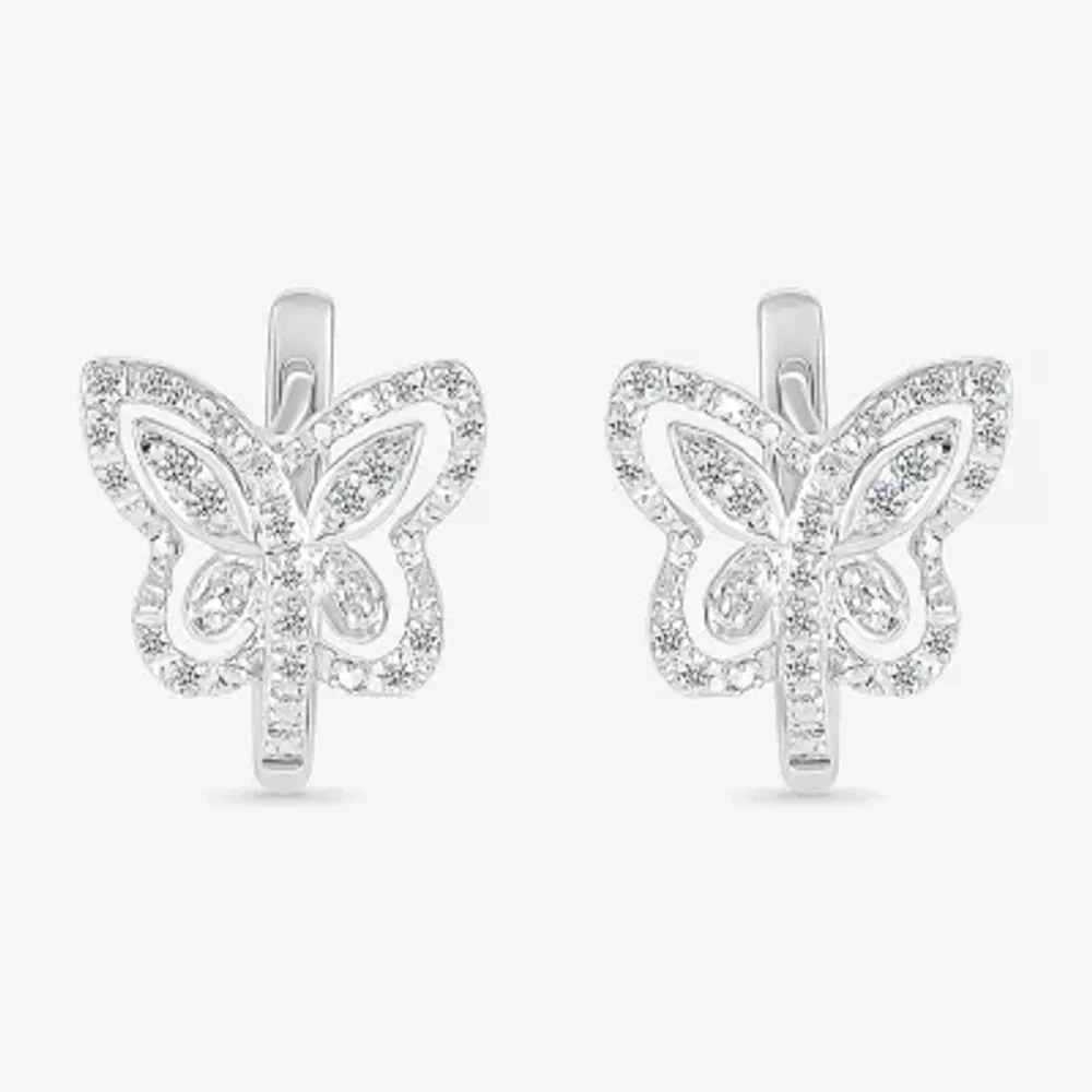 Womens 1/6 CT. T.W. Natural White Diamond Sterling Silver 10.7mm Butterfly Hoop Earrings