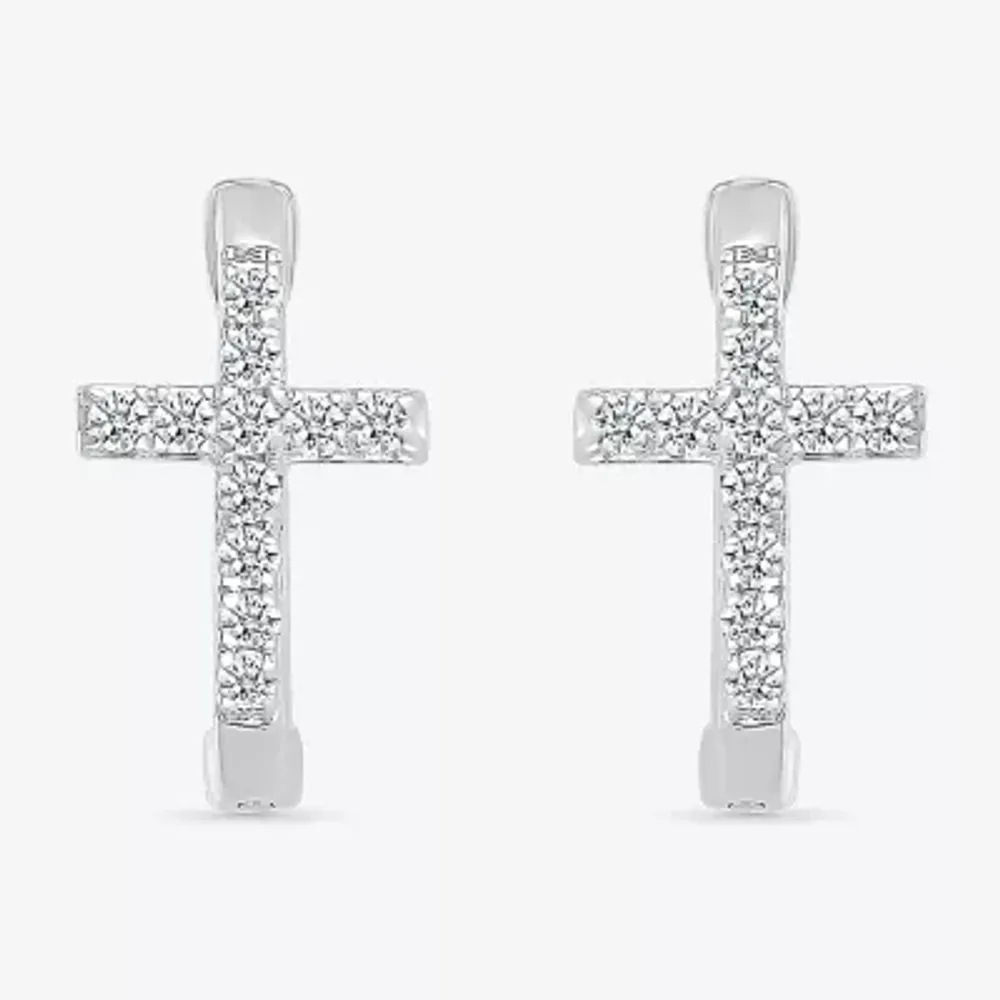 Womens 1/5 CT. Natural White Diamond Sterling Silver 14.3mm Cross Hoop Earrings