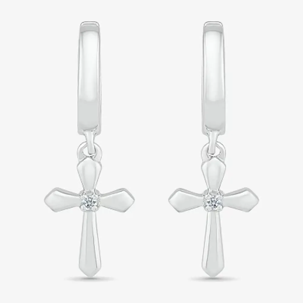 Womens Diamond Accent Natural White Diamond Sterling Silver 28mm Cross Hoop Earrings