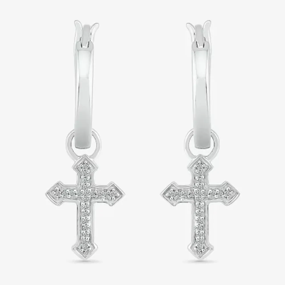 Womens Diamond Accent Natural White Diamond Sterling Silver 25.1mm Cross Hoop Earrings