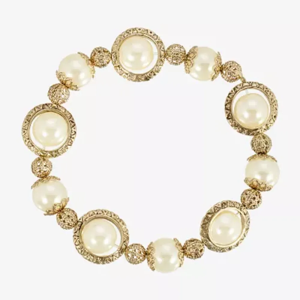 1928 Gold Tone Womens Simulated Pearl Stretch Bracelet