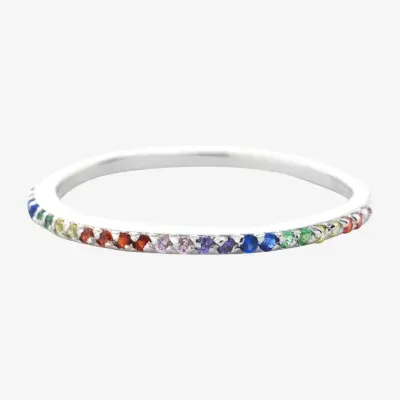 Silver Treasures Womens Multi Color Cubic Zirconia Sterling Round Delicate Band
