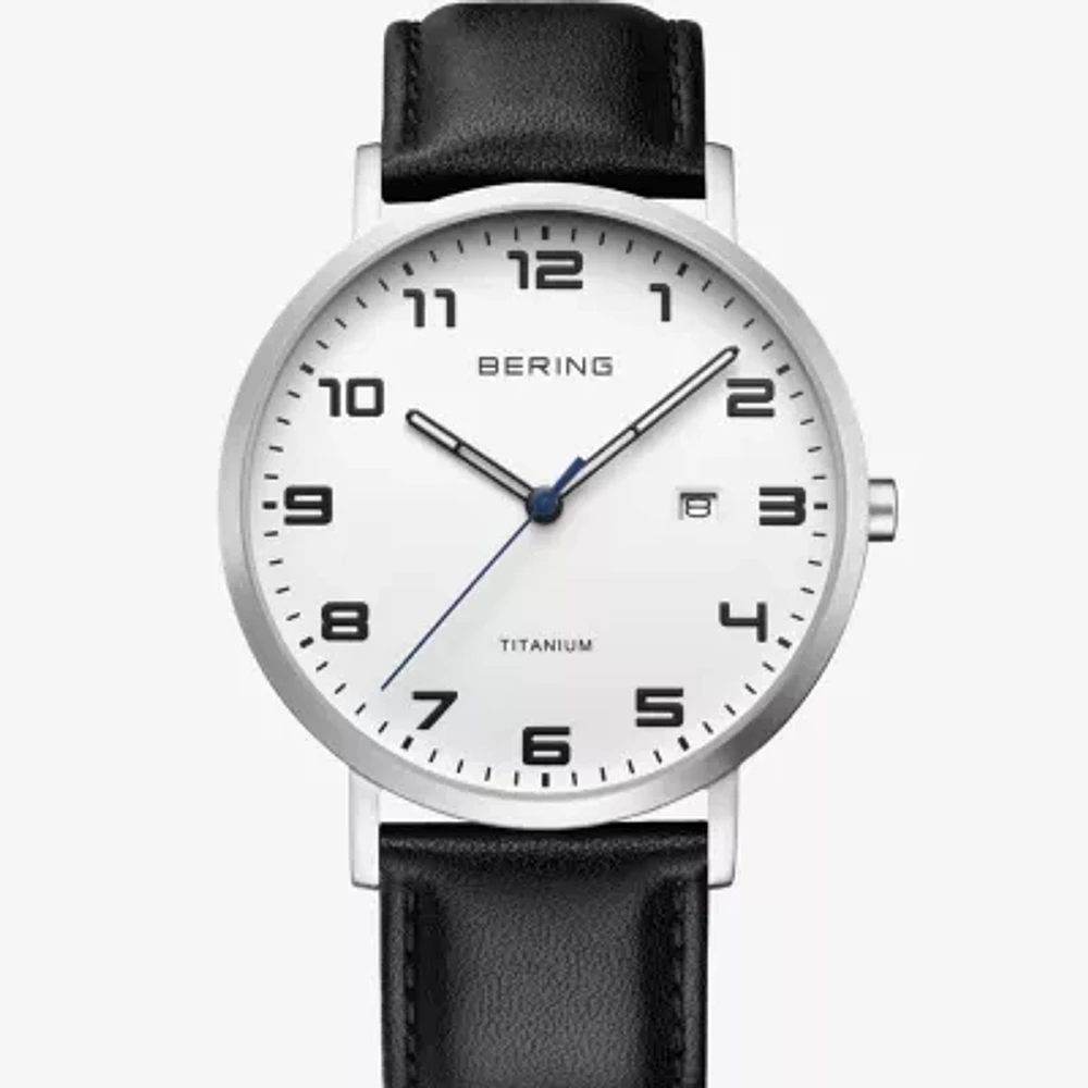 Bering Mens Black Leather Strap Watch 18640-404